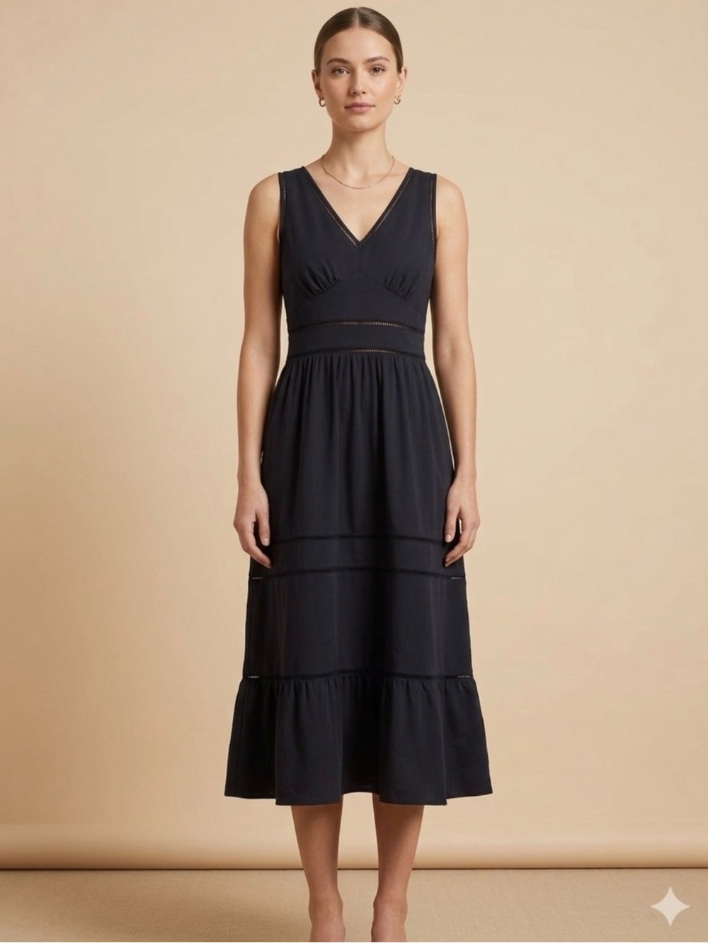 Lands' End Black V-Neck Tiered Midi Dress with POCKETS